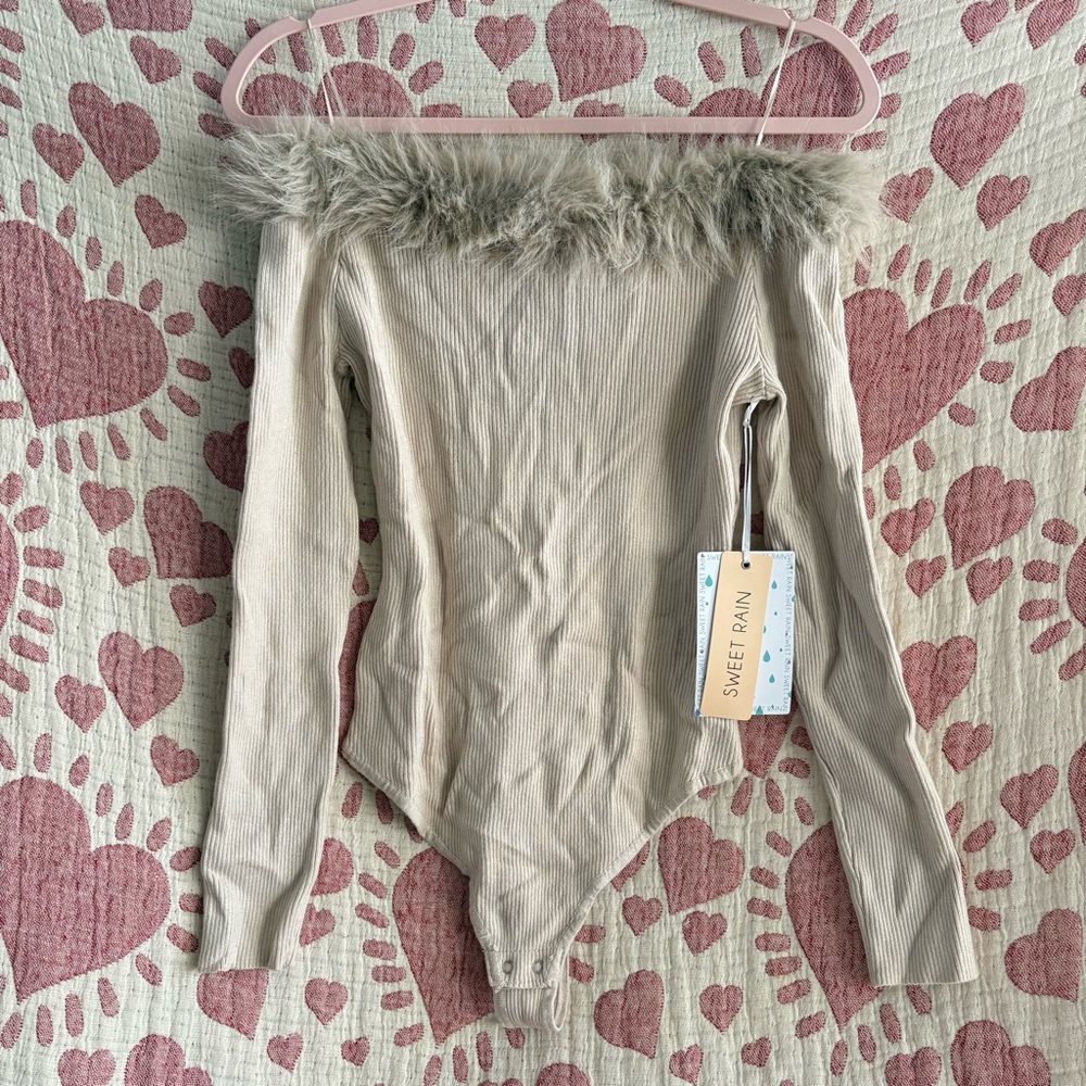 NWT Cream Faux Fur Off Shoulder Bodysuit